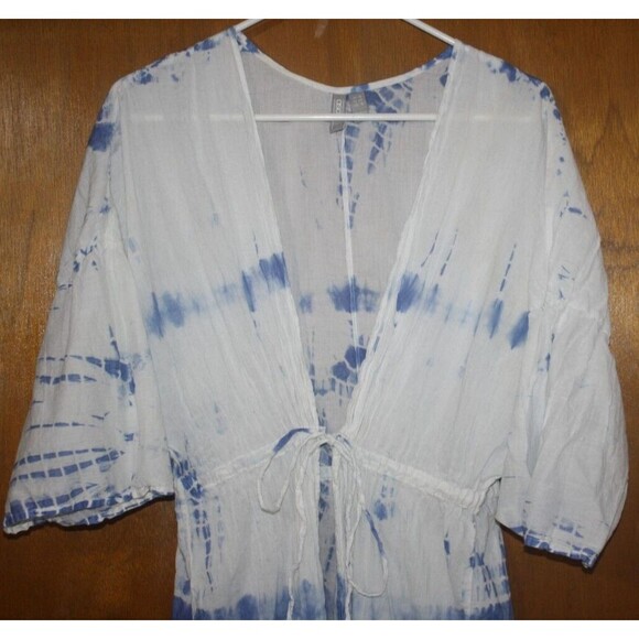 Asos Tie Dye Beach Robe Swimsuit Cover Sz 8 Long Blue & White SS Tie Waist Beach - Picture 2 of 7
